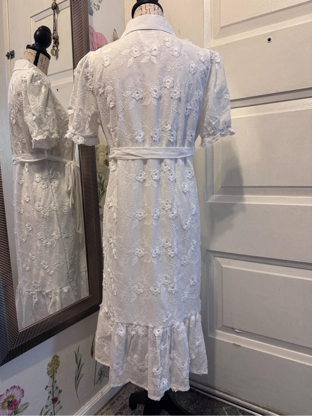 White Embroidered Button-Front Midi Dress with Tie Waist - Picture 4 of 10